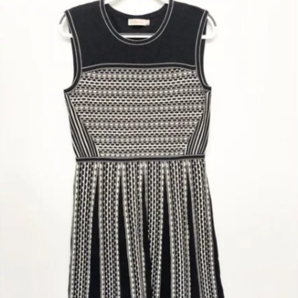 Tory Burch Women's Black White Pleated Knit Sleeveless Dress L